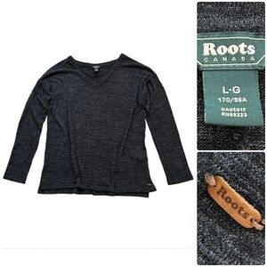 Roots Canada 🇨🇦 Charcoal Grey Long Sleeve Vneck Tee Relaxed Loose Fit
